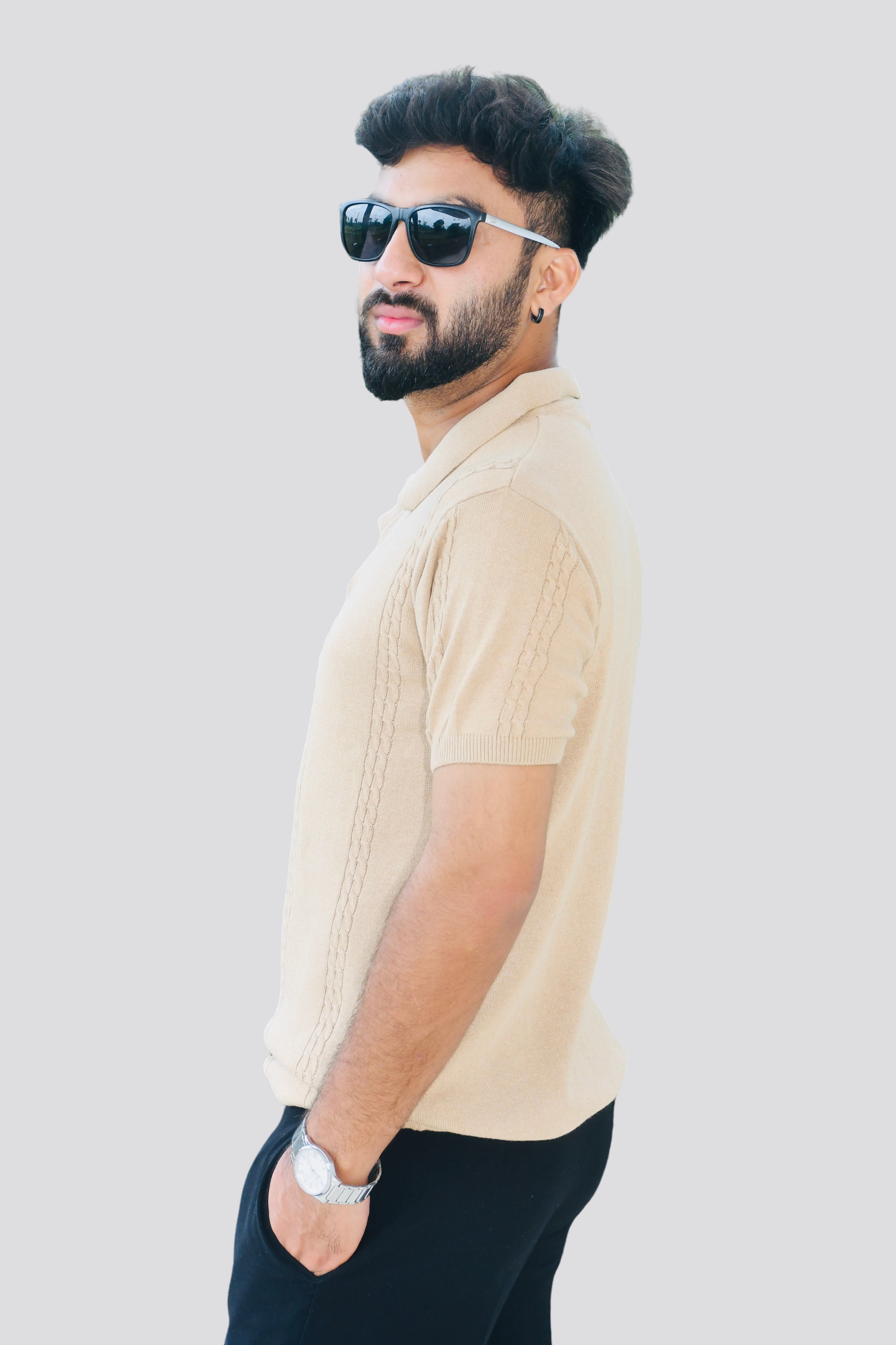 Left Side View – Smokhead Beige Textured Polo Knit Shirt for Men | Relaxed Fit with Ribbed Collar
