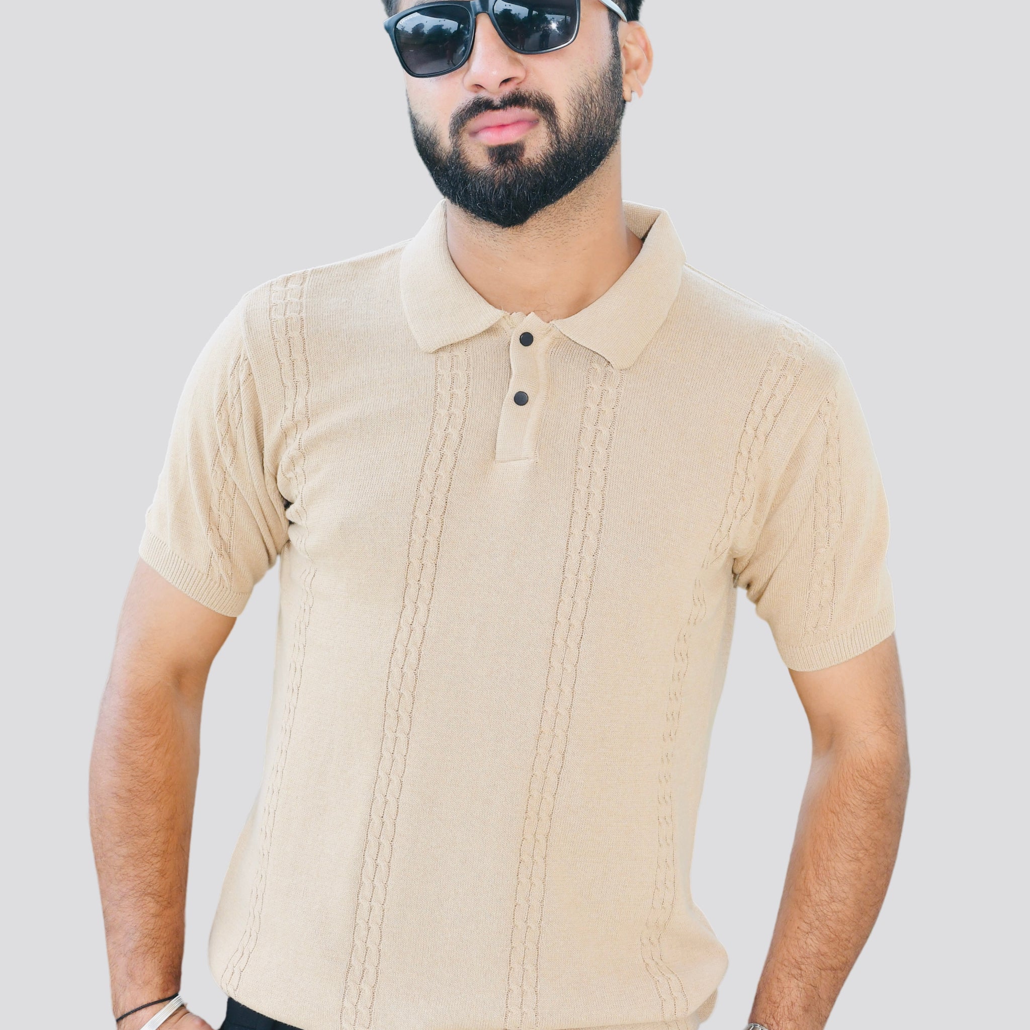 Earthy Beige Textured Knit Polo T-Shirt