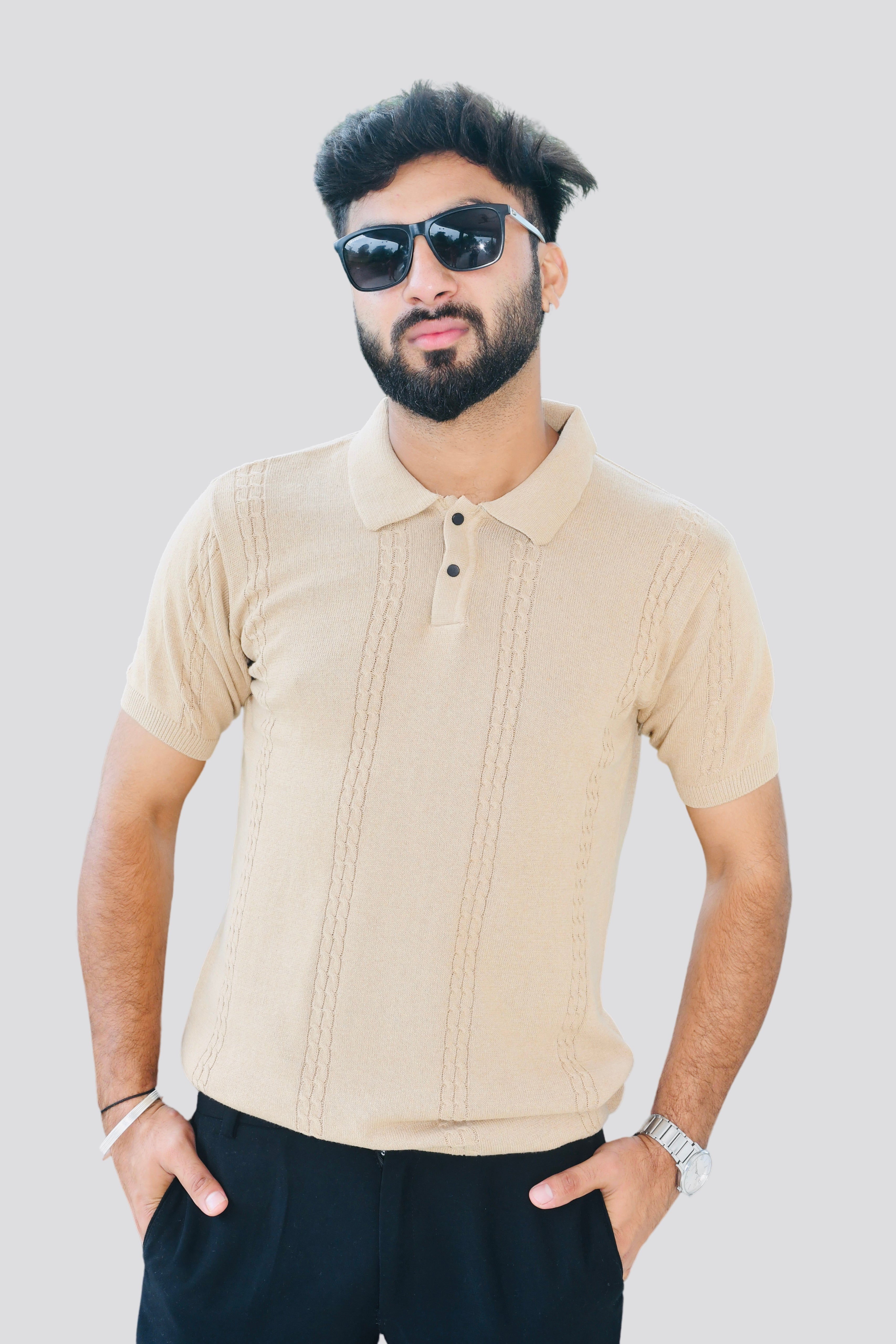 Men’s Beige Textured Polo Shirt – Front View | Smokhead Casual Knit Polo with Button Placket and Short Sleeves