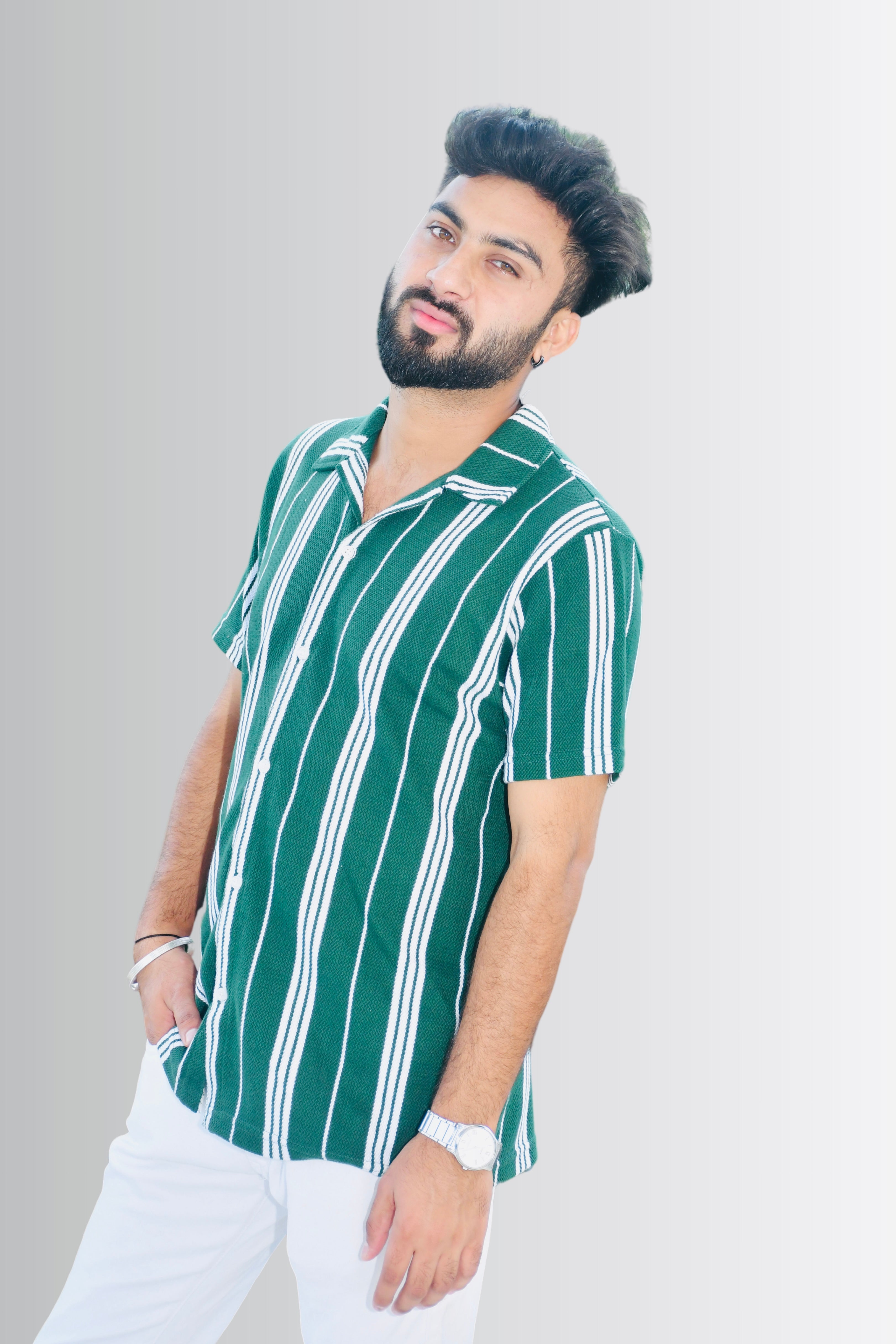 Men’s Green & White Vertical Striped Shirt – Front View | Smokhead Casual Half Sleeve Cotton Shirt with Camp Collar
