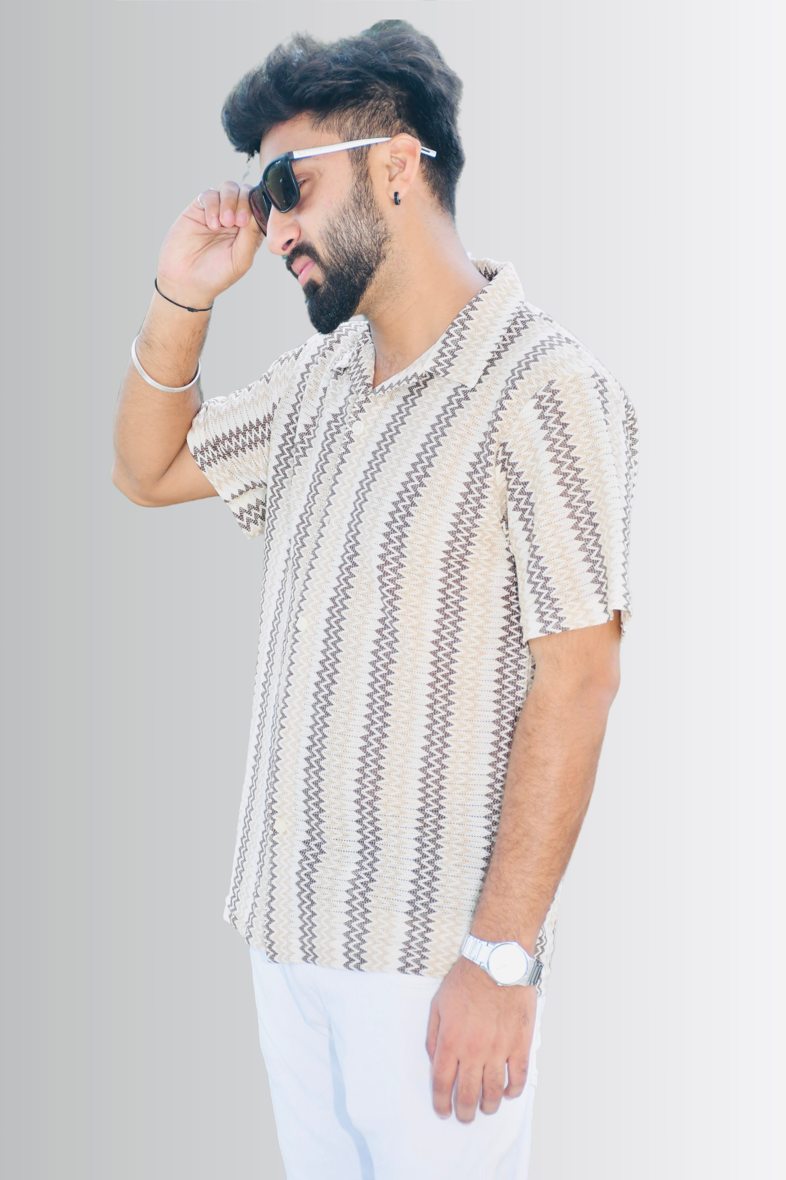 Left Profile – Smokhead Cream & Brown Zigzag Shirt for Men | Relaxed Fit Summerwear with Bold Stripes