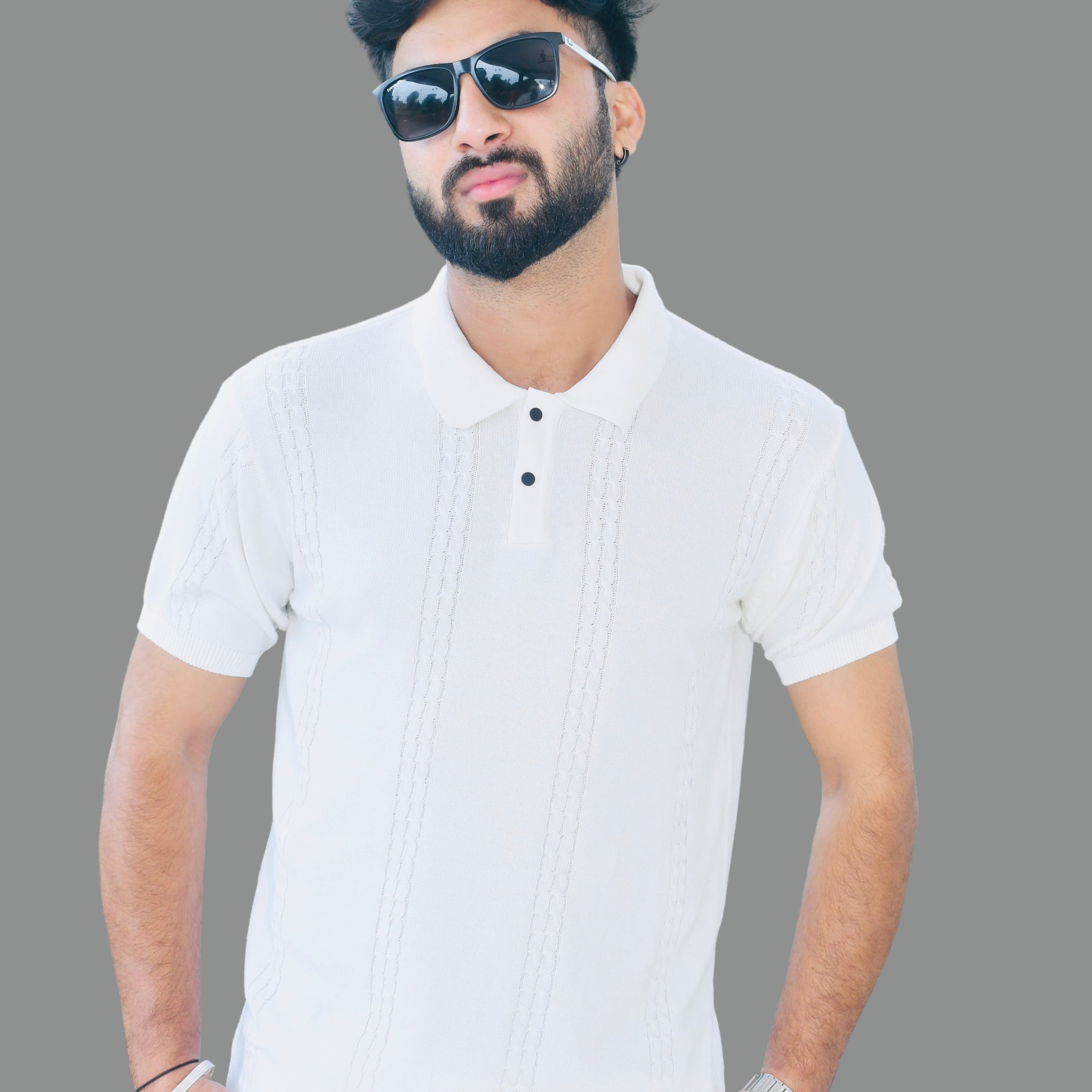 Elegant White Detailed knit Polo T-Shirt