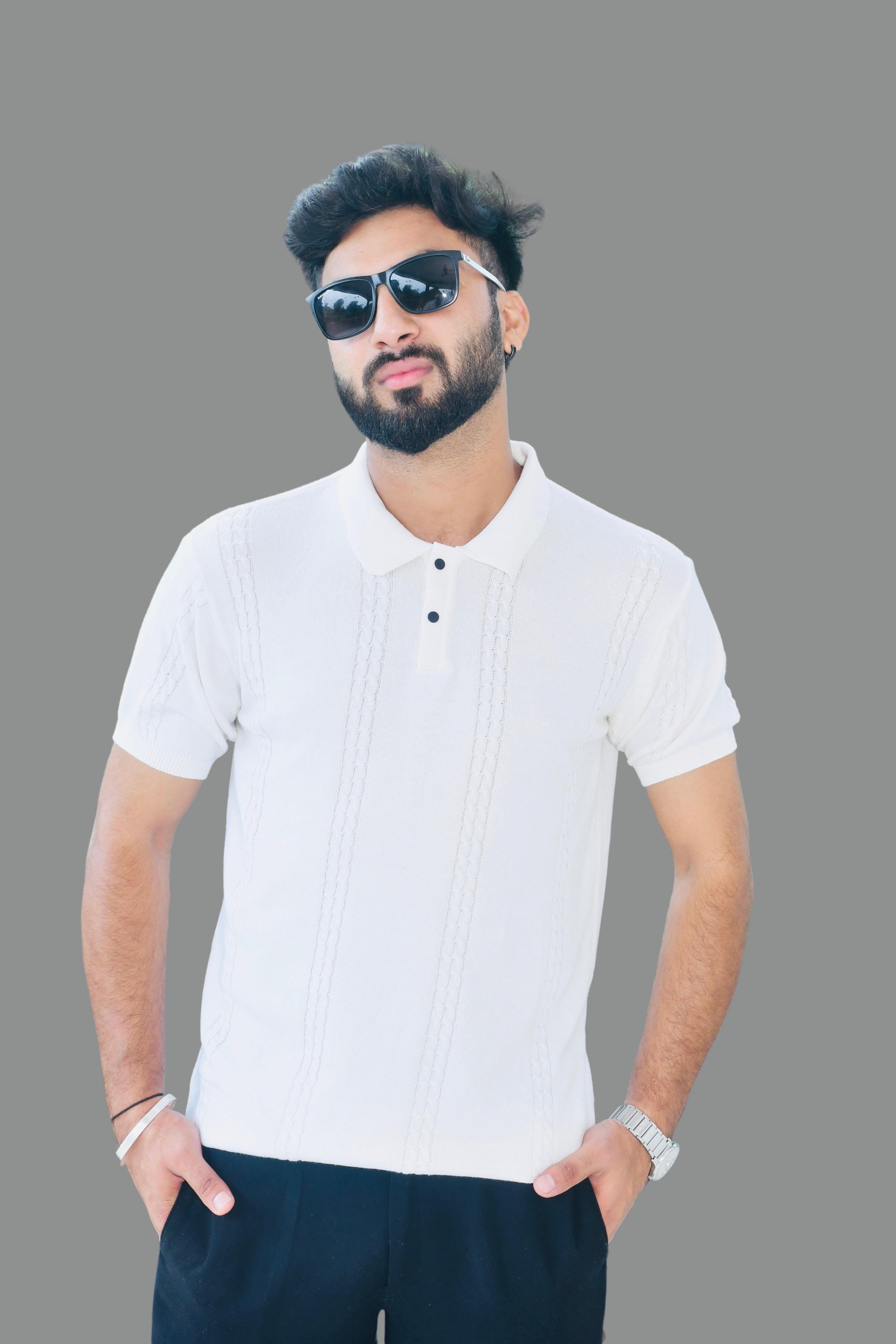 Men’s White Textured Polo Shirt – Front View | SMOKHEAD Short Sleeve Summer Knitwear Polo for Casual & Smart Wear -