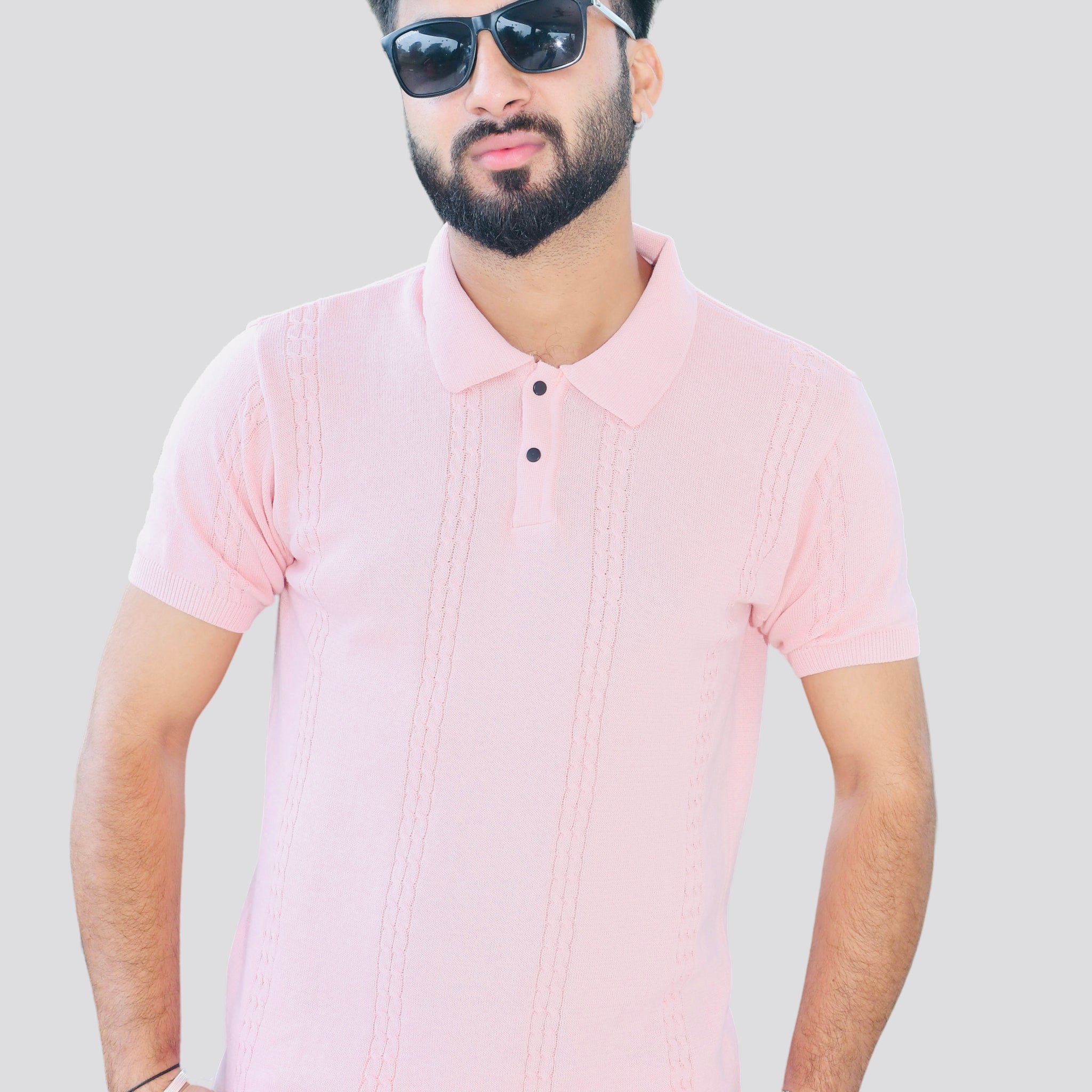 Soft Pink Textured Knit Polo T-Shirt