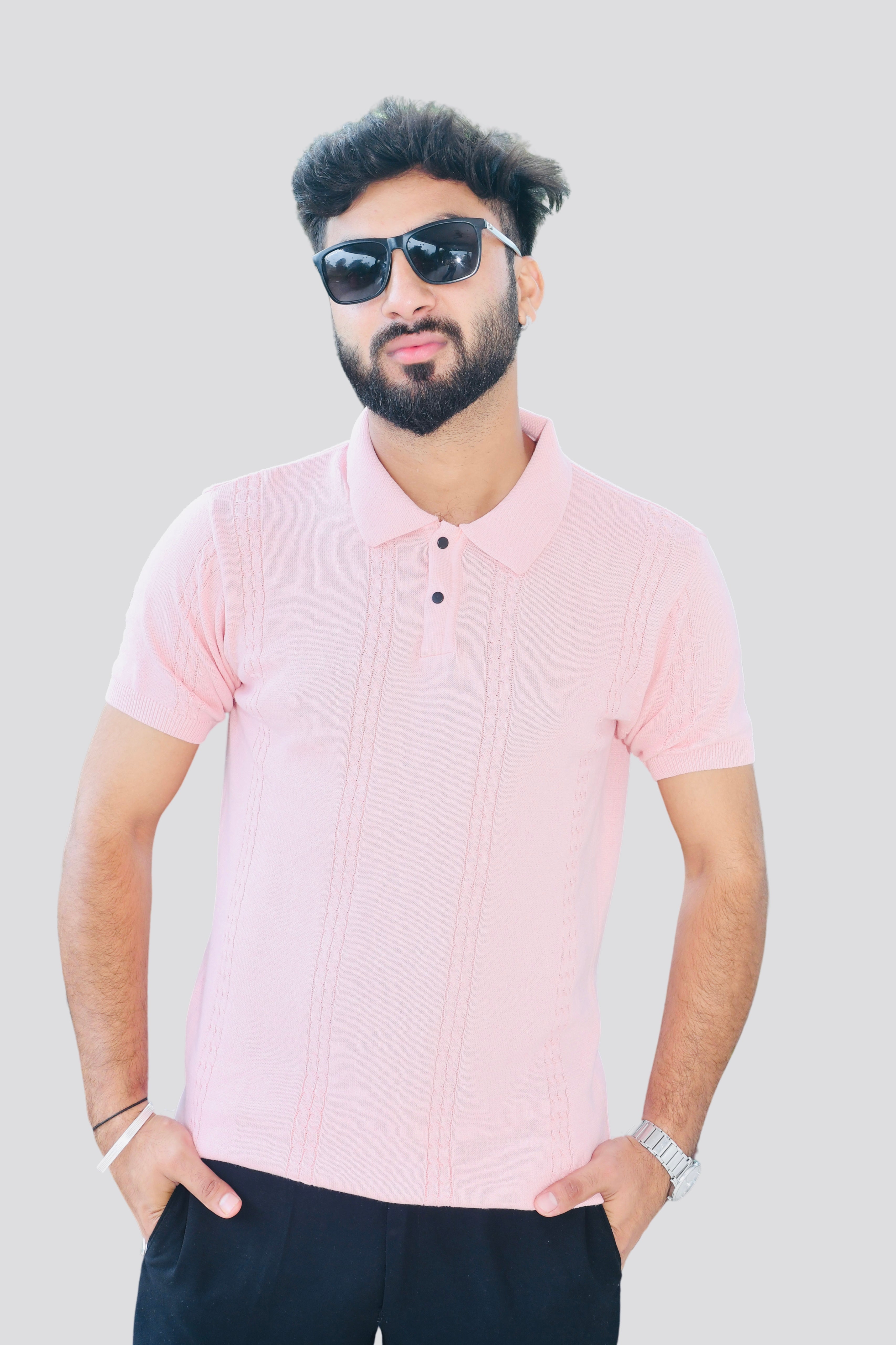 Men’s Pink Textured Polo Shirt – Front View | Smokhead Short Sleeve Polo with Ribbed Collar and Soft Knit Design