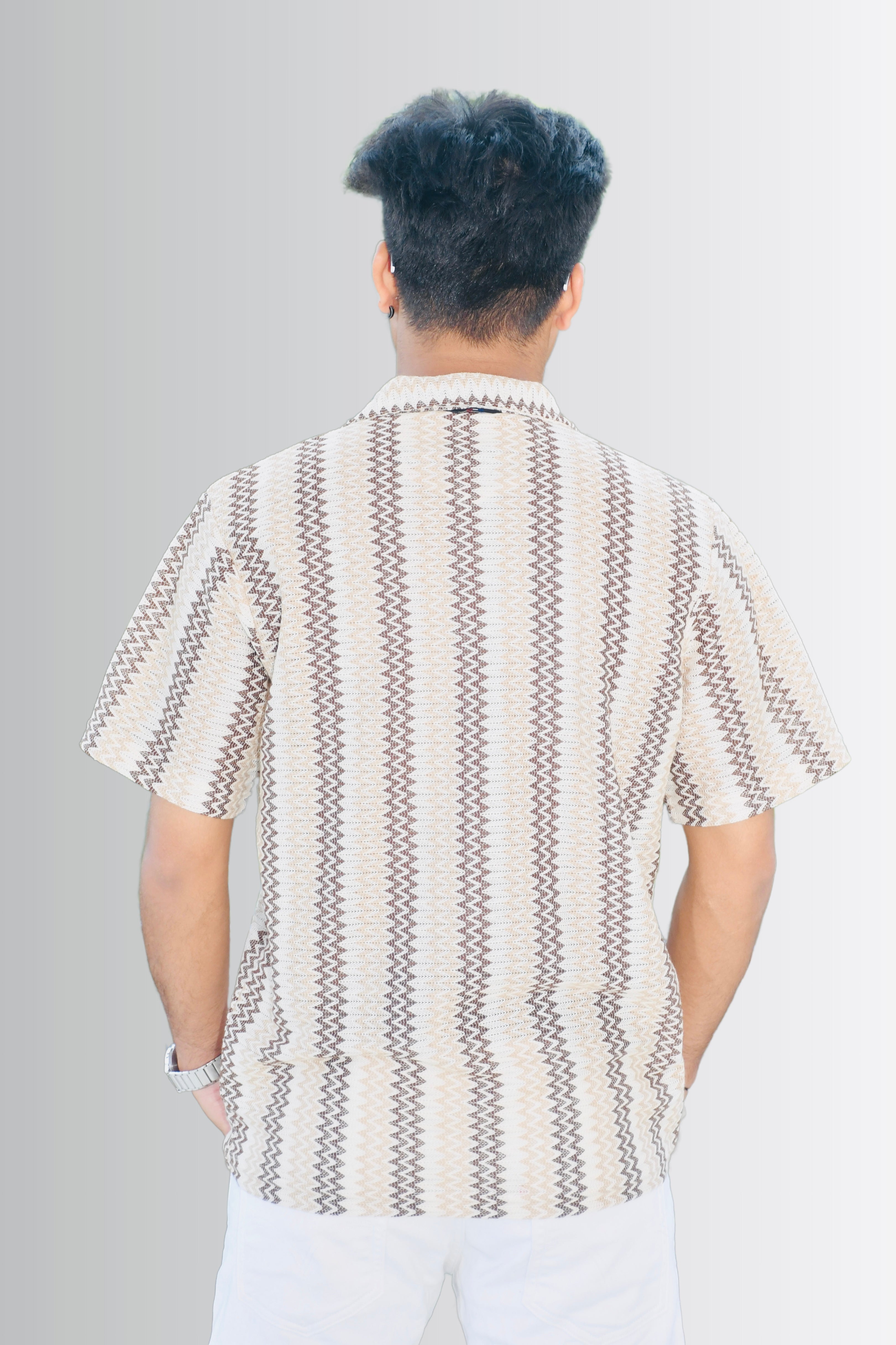Back View – Smokhead Men's Printed Zigzag Shirt in Cream and Brown | Casual Summer Short Sleeve Shirt