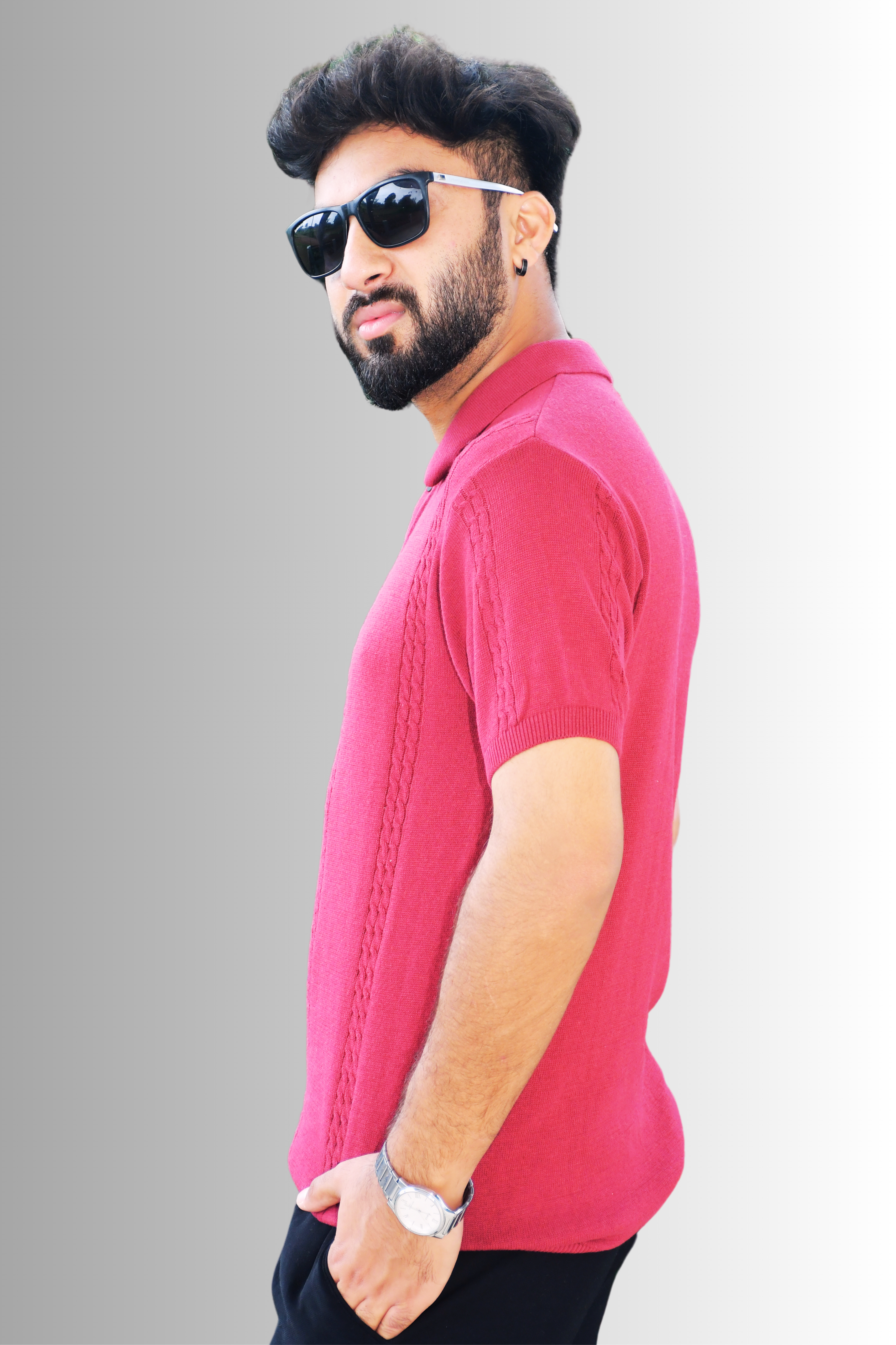 Left Profile – Smokhead Red Polo Shirt for Men | Casual Textured Knit Polo with Stylish Fit