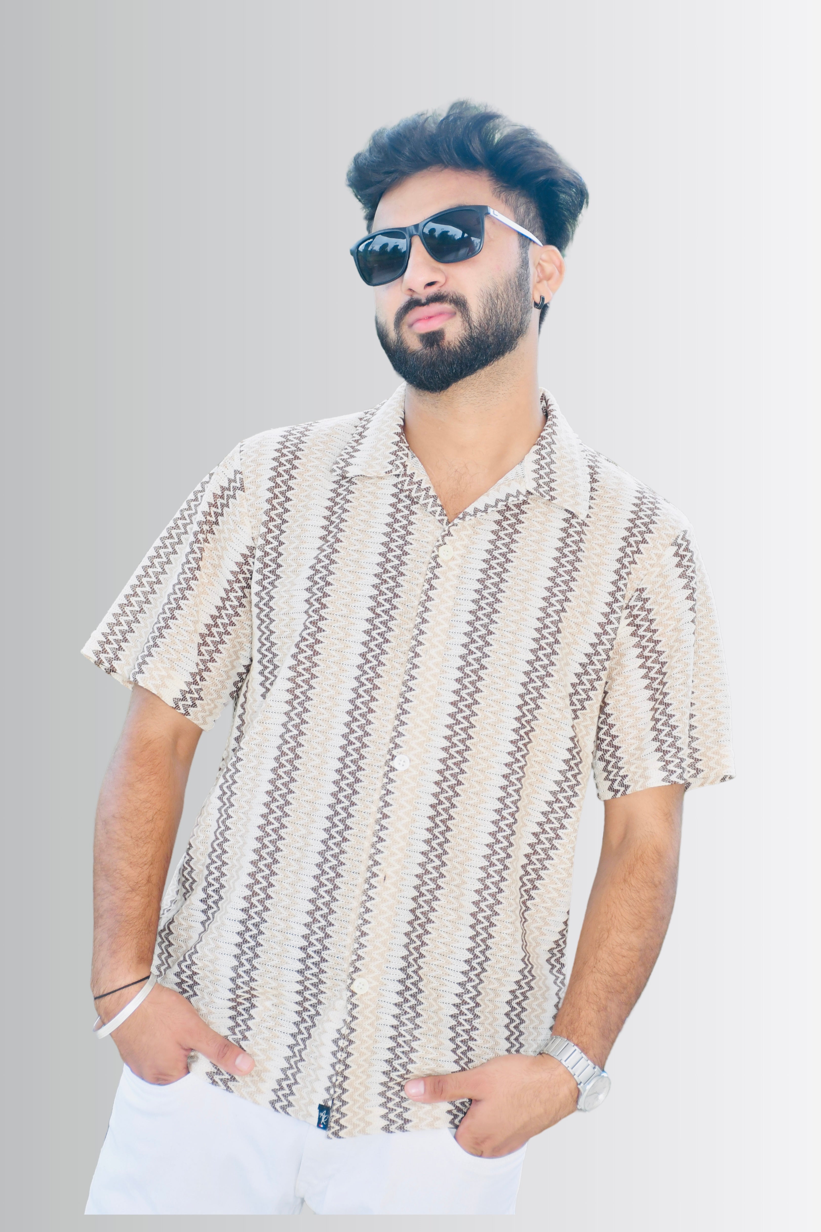 Men’s Cream and Brown Zigzag Striped Shirt – Front View | Smokhead Short Sleeve Resort Shirt with Button Closure