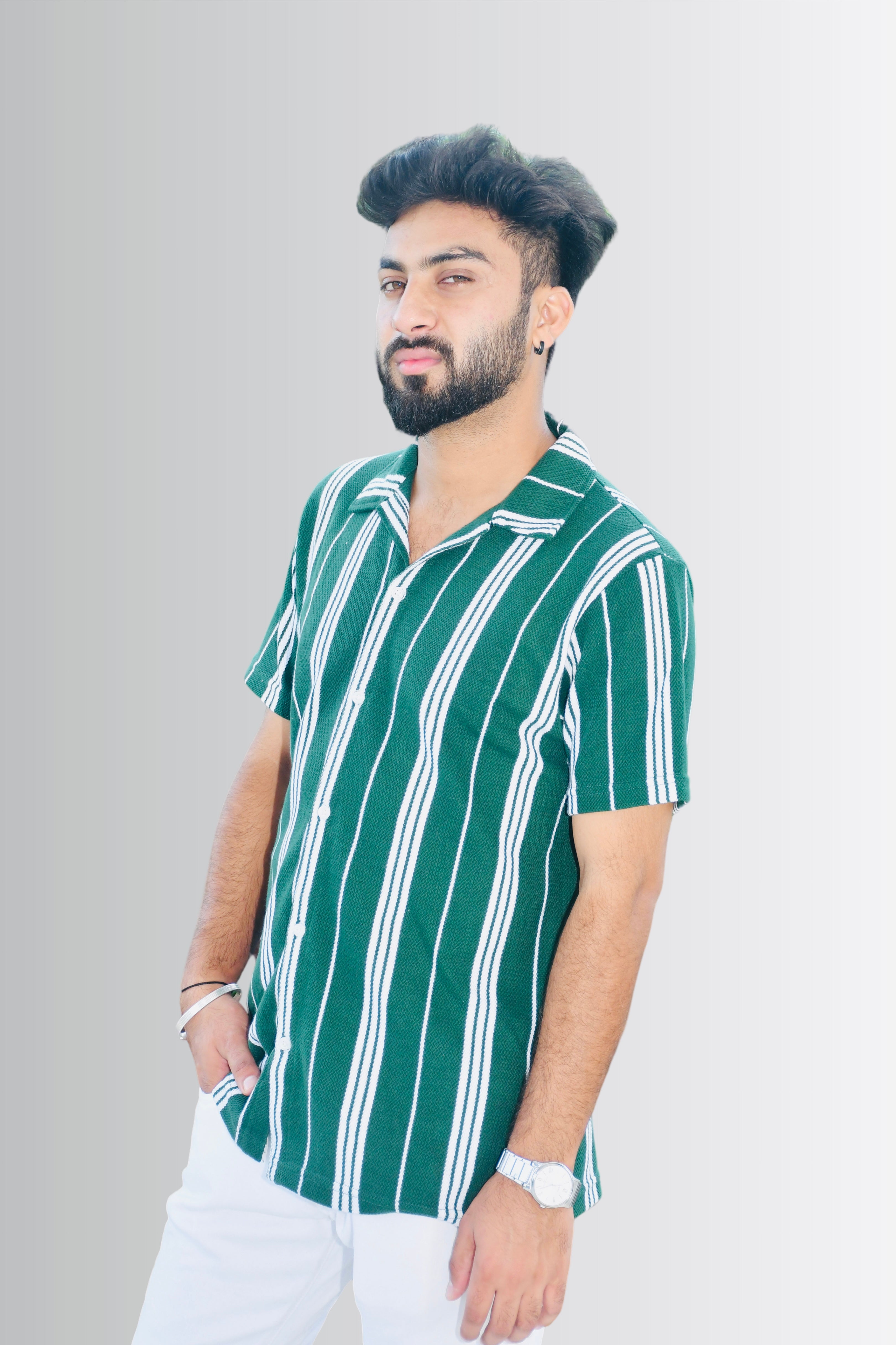 Left Side Look – Smokhead Men’s Green and White Striped Shirt | Stylish Summer Shirt with Breathable Cotton