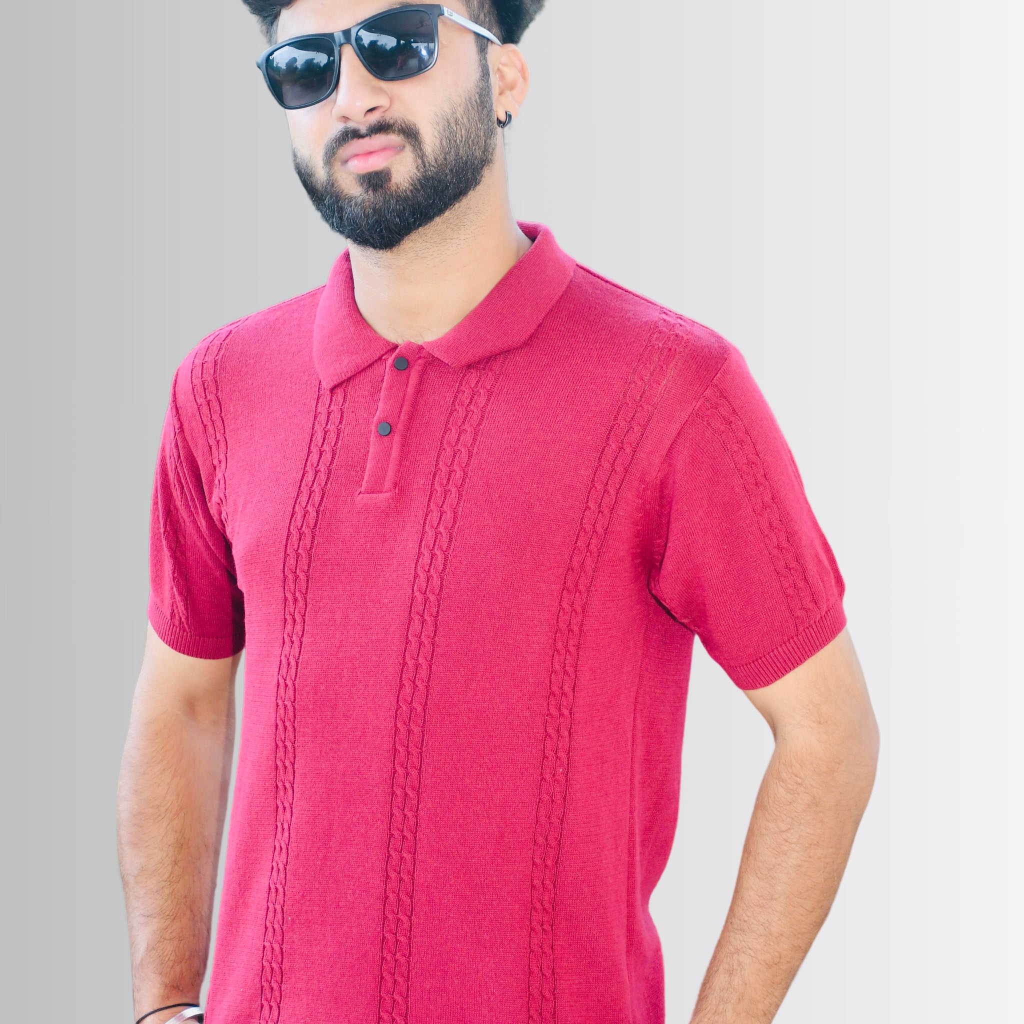 Crimson Maroon Textured  knit Polo T-Shirt