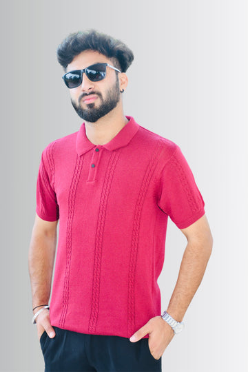 Crimson Maroon Textured  knit Polo T-Shirt