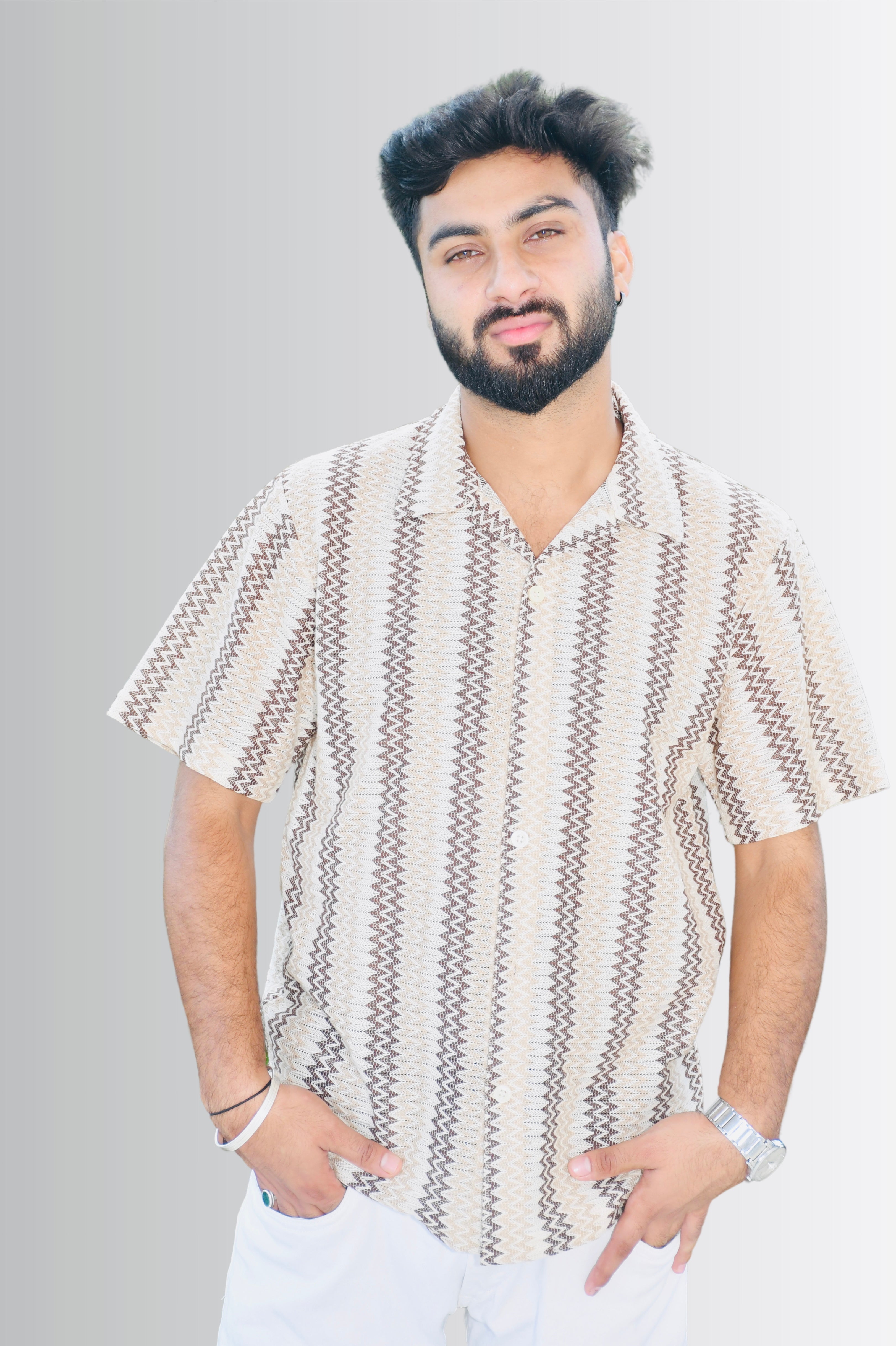 Men’s Cream and Brown Zigzag Striped Shirt – Front View | Smokhead Short Sleeve Resort Shirt with Button Closure