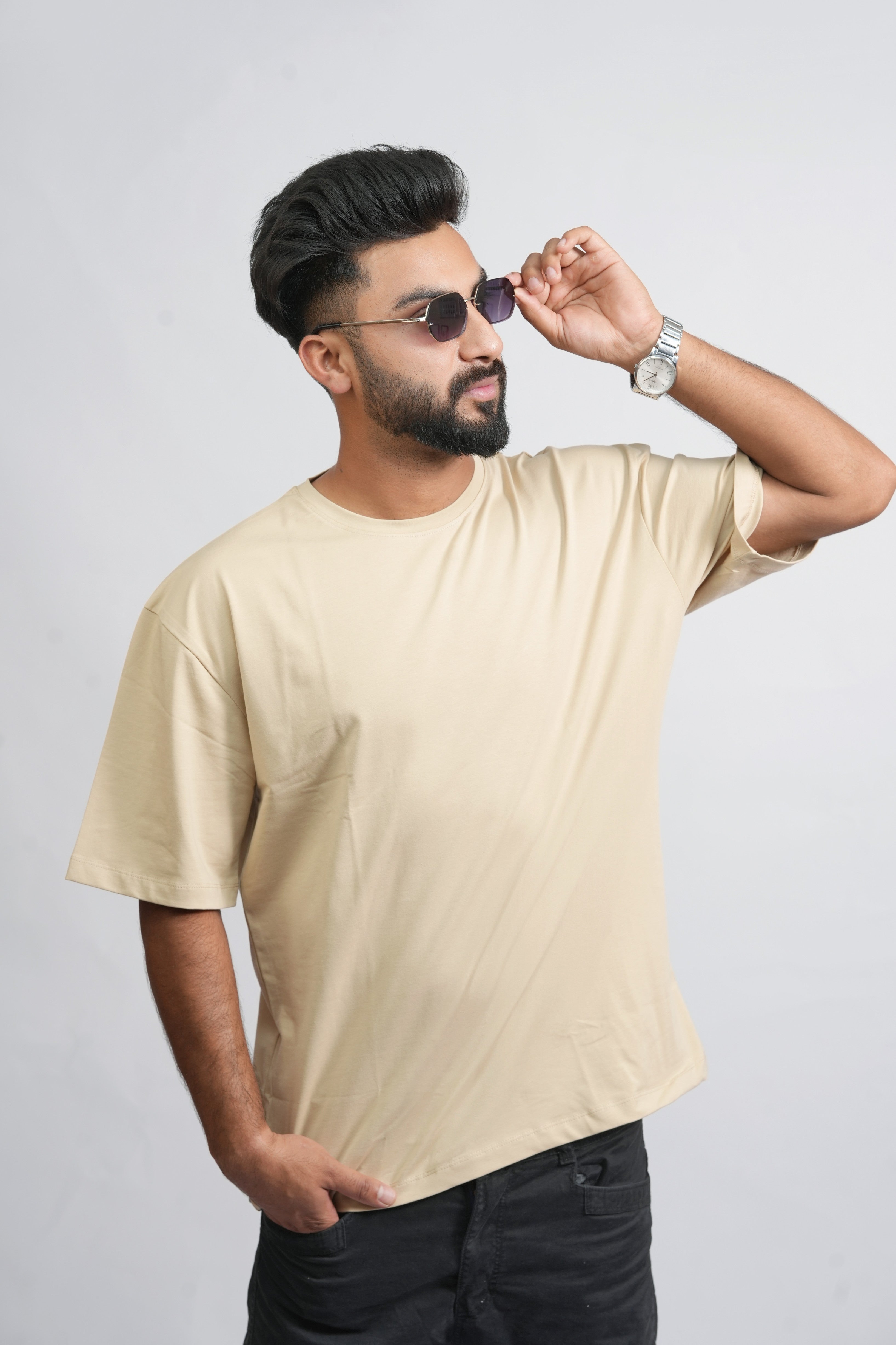 Front View – SMOKHEAD Men's Oversized Beige T-Shirt with Minimalist Solid Design | Premium Streetwear Fit