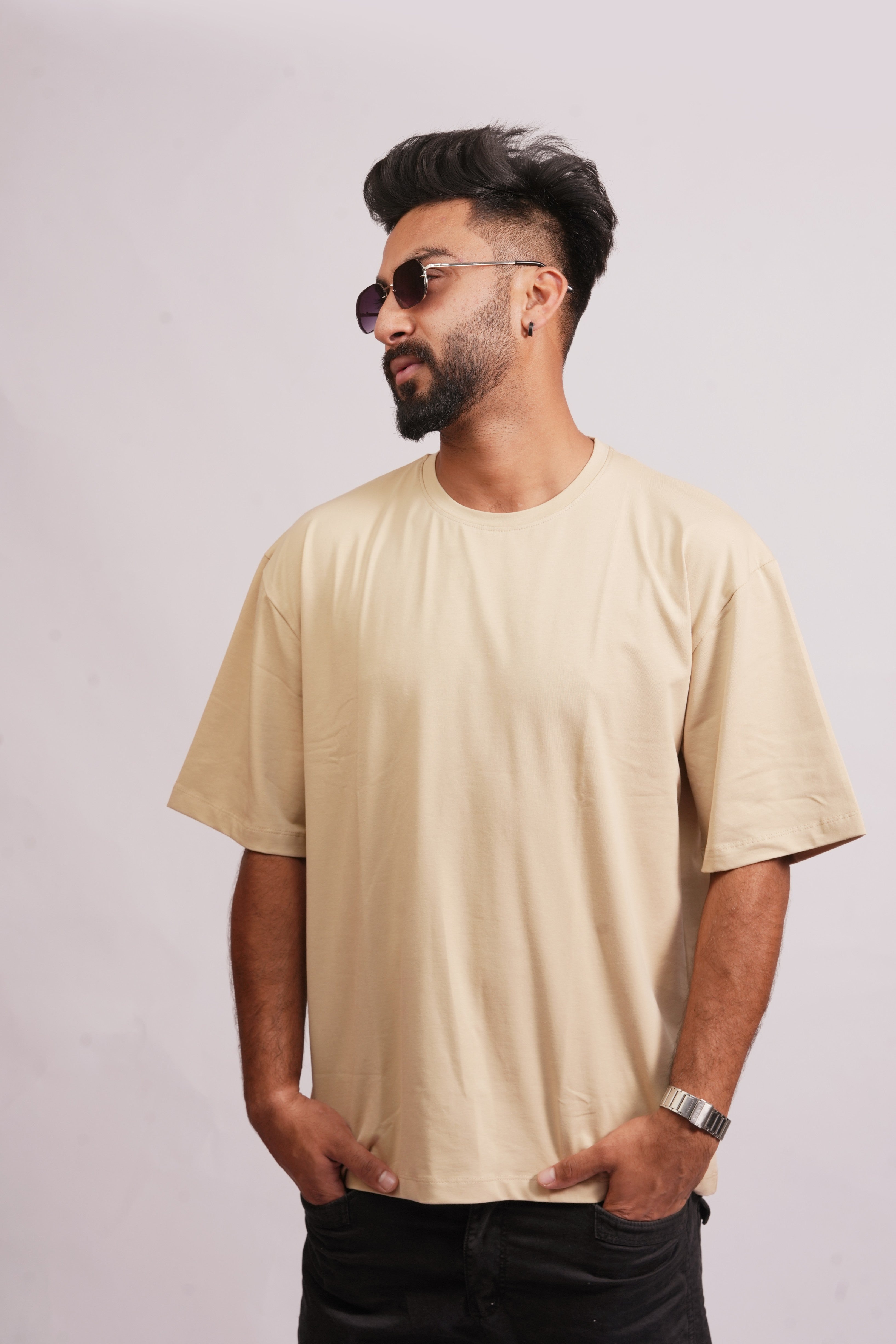 Front View – SMOKHEAD Men's Oversized Beige T-Shirt with Minimalist Solid Design | Premium Streetwear Fit