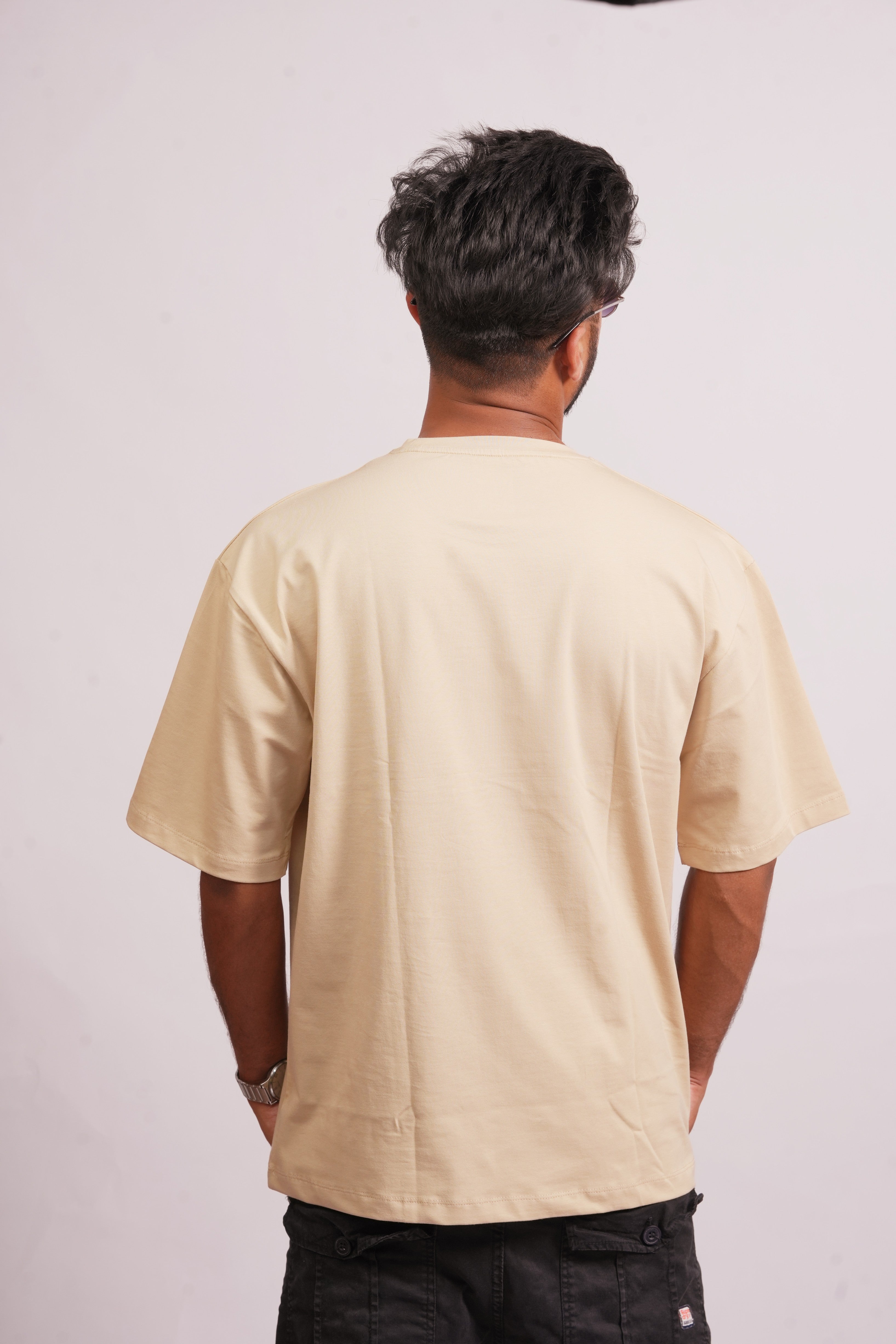 Back View – SMOKHEAD Solid Beige T-Shirt for Men in Oversized Silhouette | Clean Rear Design