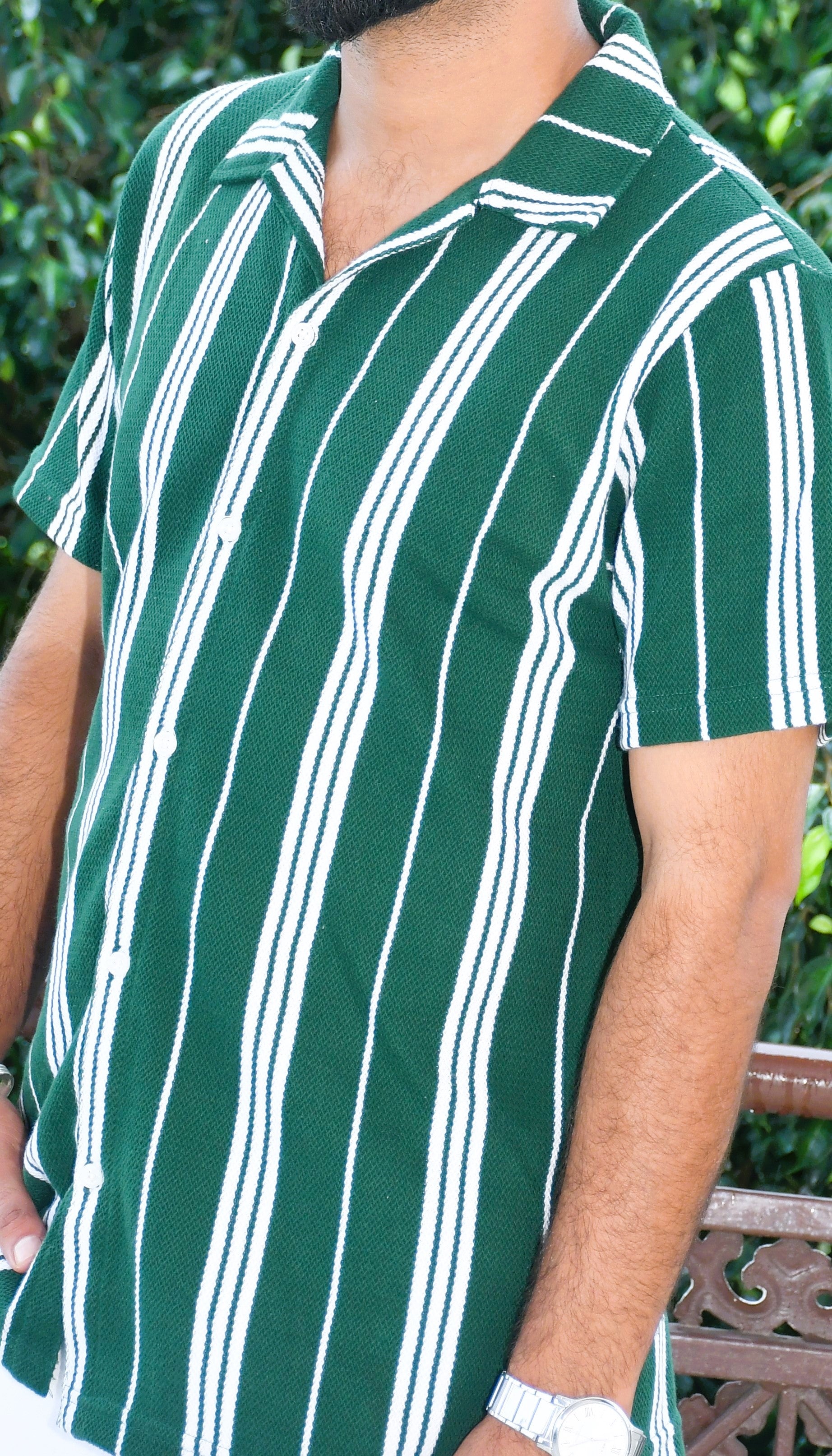 Close-Up of Smokhead Green Vertical Stripe Shirt – Premium Cotton Texture with Classic Camp Collar Detail
