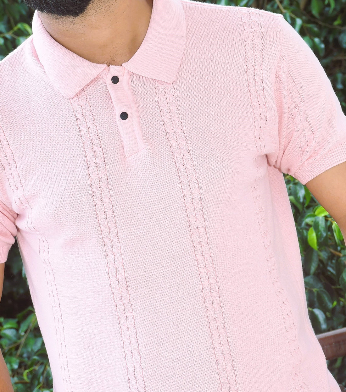 Soft Pink Textured Knit Polo T-Shirt