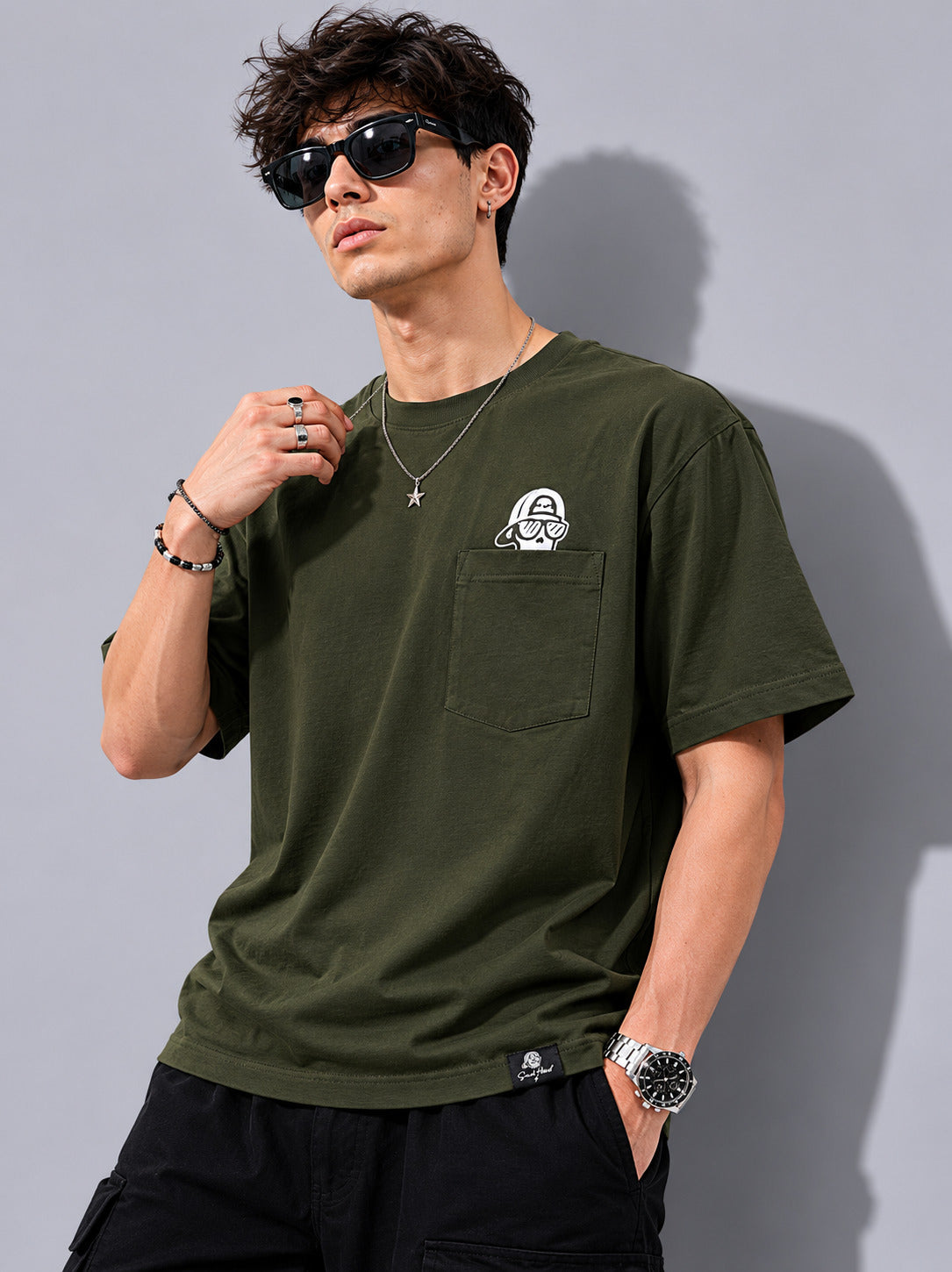 SMOKHEAD Urban Ghost Oversized Pocket T-Shirt – Olive Green