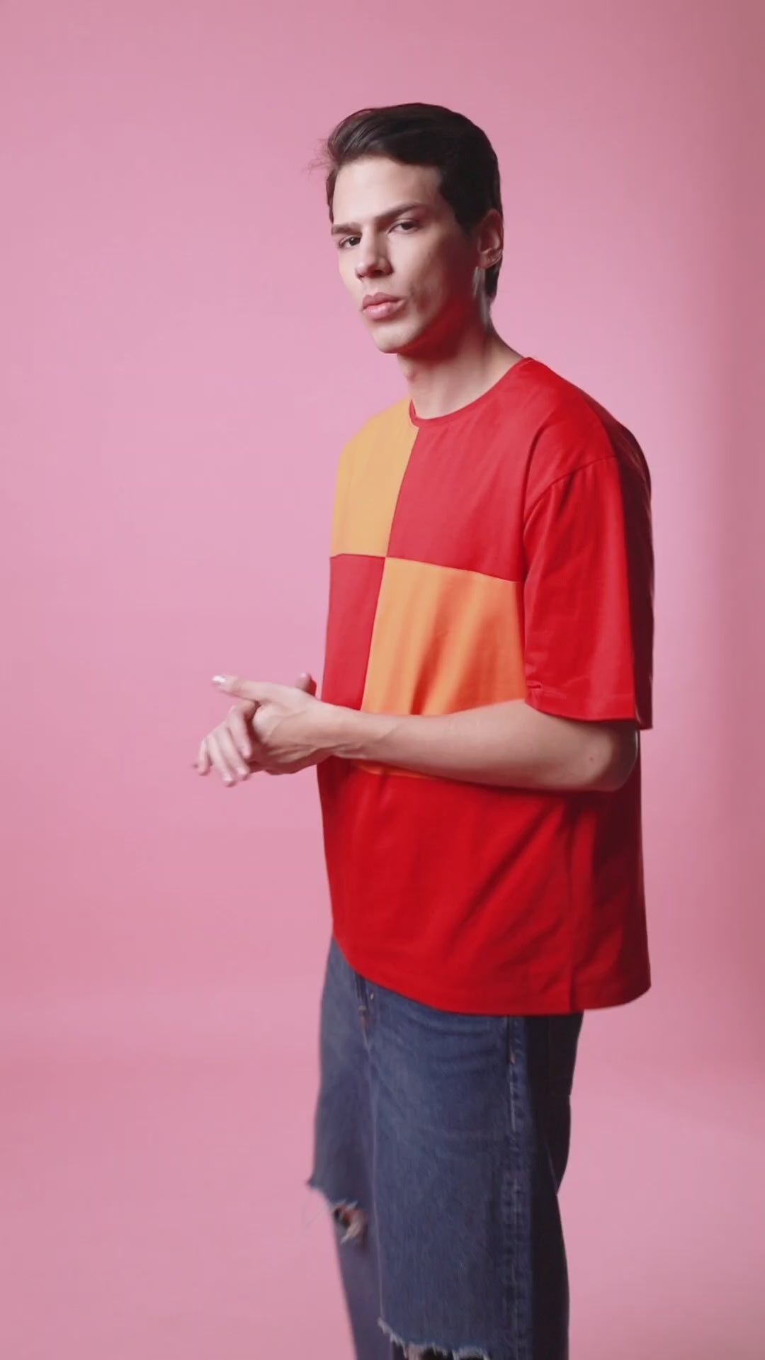 Full Look – SMOKHEAD Men's Oversized Red and Orange Patchwork T-Shirt Styled with Black Jeans | Streetwear Fashion